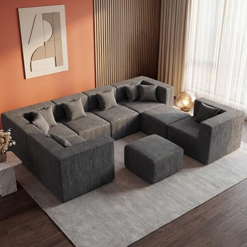 MONVANE Modular Sectional Sofa, Oversized 8 Seat Convertible U Shaped Couch with Ottoman, Comfy Chenille Cloud Couch with Deep Seat, Sectional Couches for Living Room, No Assembly Required, Grey - Image 2