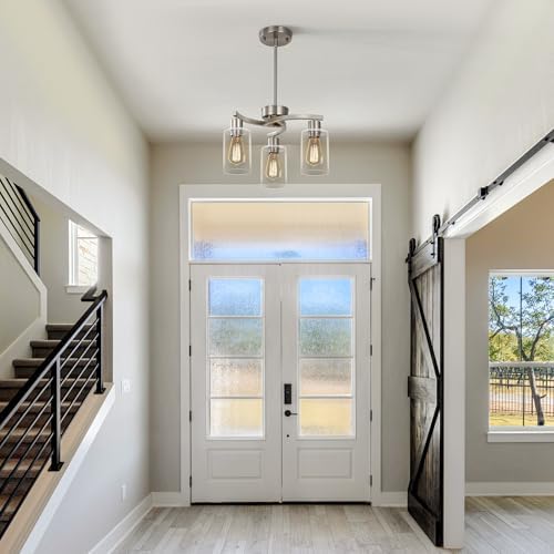 CNRATYE 3-Light Brushed Nickel Pendant Lighting for Kitchen Island, Hanging Dining Room Light Fixtures Over Table, Industrial Chandelier for Entryway Hallway Foyer Bedroom, Clear Glass Shade - Image 4