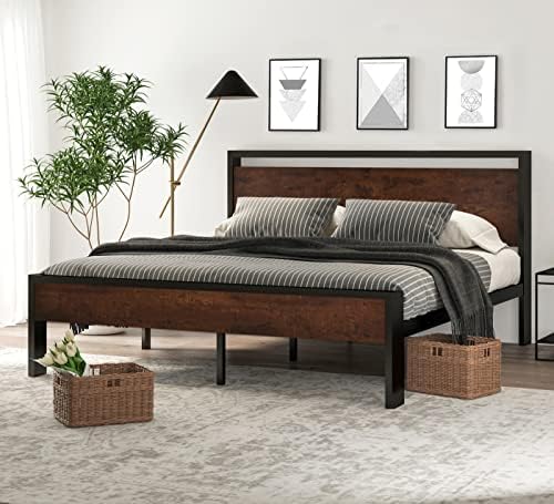 SHA CERLIN 14 Inch King Size Metal Platform Bed Frame with Wooden Headboard and Footboard, Mattress Foundation, No Box Spring Needed, Large Under Bed Storage, Mahogany by SHACERLIN