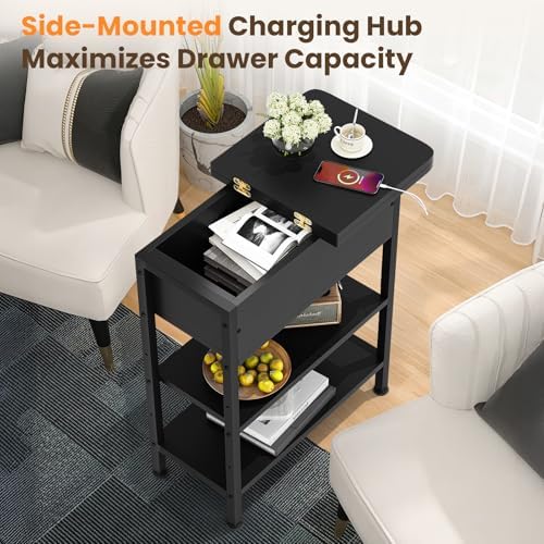 GRUSIGN End Table with Charging Station, Flip Top Side Table with USB Ports and Outlets, 3-Tier Small Side Table with Storage for Small Space, End Tables for Living Room/Bedroom, Black - Image 4