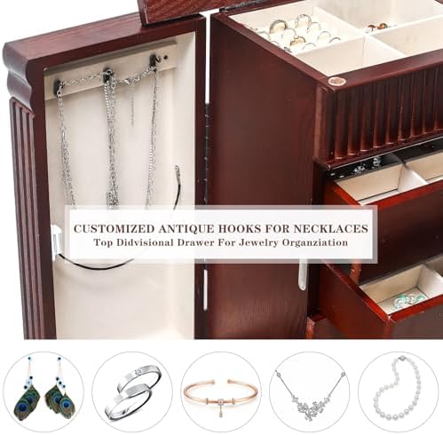 AVAWING Standing Jewelry Cabinet Armoire with Top Flip Mirror, 7 Drawers & 12 Necklace Hooks, Jewelry Box Storage Organizer with 2 Side Swing Doors (Reddish Brown) - Image 2