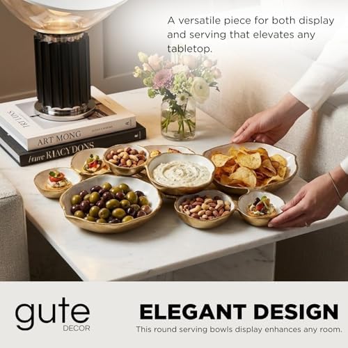 Cluster of 9 Round Serving Bowls Enamel Clusters Decorative Elegant Snack Tray for Olives, Chip & Dip, Nuts, Appetizers & Entertaining Strong Brass & Enamel Home Decor Gifts, Parties & Weddings 22" - Image 3