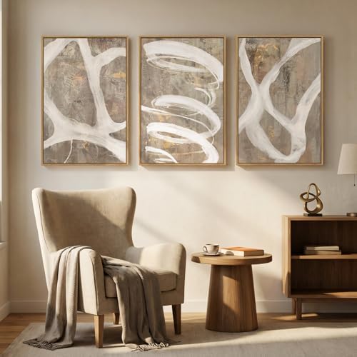 Large Framed Abstract Wall Art, Set of 3, Beige Taupe White, 20x30 In - Image 5