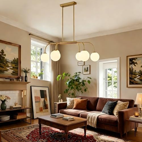 LamQee 41 Inch Mid Century Modern Linear Chandelier, 6 Lights Milk Glass Globe Chandeliers Light Fixture with Gold and White Ball, Large Pendant Lighting Ceiling Hanging for Dining Room Kitchen Island - Image 5