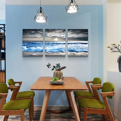 MHARTK66 3 Panel Blue Beach Canvas Wall Art for Home Decor Bedroom Wall painting Sunset White Wave Beach Pictures on Canvas Sea View Canvas Prints Artwork for Wall Decor Living Room Decorations - Image 3