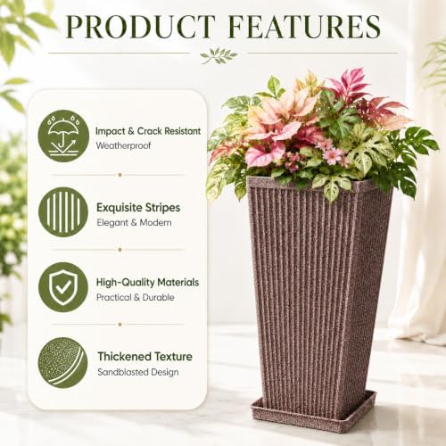 NicBex 24" Tall Planters for Outdoor Plants Set of 2 Square Fluted,Brown - Image 4