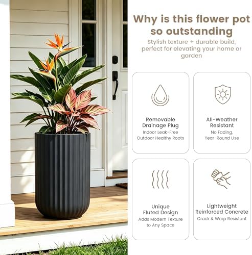 Kante Large Round Column Black Concrete Planter 21.7" Tall, Outdoor - Image 4