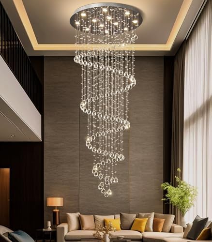 HAIXIANG LED High Ceiling Chandelier Crystal Chandeliers Light Fixtures with Dimmable Light Bulbs Gold Living Room Foyer Chandelier Modern Pendants Lights for Entryway Staircase Silver by HAIXIANG