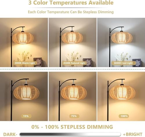 ZECOXOL Arc Floor Lamps for Living Room Bedroom Rattan Boho Floor Lamp with Remote Control,Dimmable Led Standing Lamp Wicker Lamp Shade Rustic Tall Floor Lamp Modern Flower Lamp for Bedroom Corner - Image 2