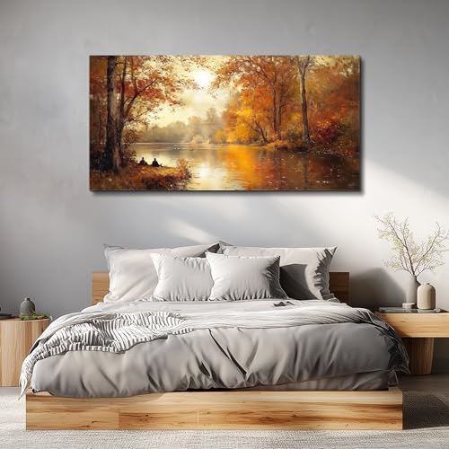 FUHAIHUA Canvas Wall Art For Living Room Large Wall Decor For Bedroom Aesthetics Office Wall Decoration Saffron Yellow Tree Landscape Painting Forest Picture Artwork Ready To Hang Home Decor 24"X48" - Image 4
