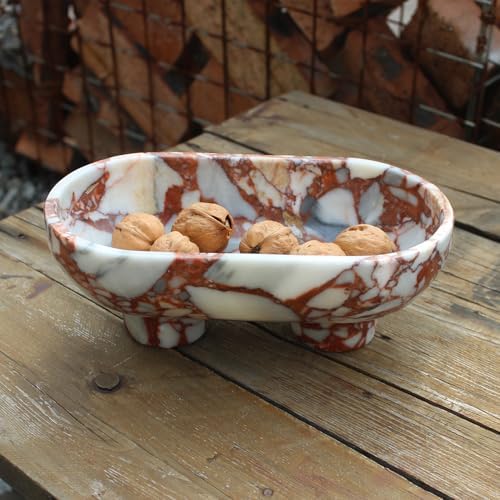 Nawgnail Natural Oval Calacatta Red Marble Fruit Bowl for Kitchen Counter 10", Large Decorative Bowl Two-Legs for Home Decor, Fruits Holder For Dining Table - Kitchen Organization by Nawgnail