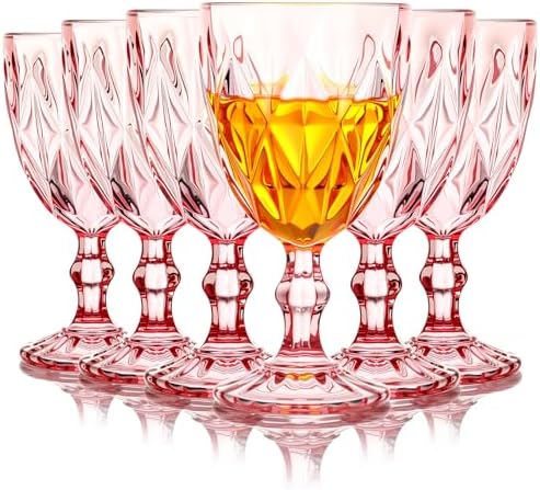 Yinder Glass Goblet Vintage Wine Goblet Embossed Glassware 10 oz Solid Color Glass Stemmed Cups for Iced Tea Beverage Soda Juice Water Liquor and Party Wedding Bars Restaurants(Pink,6 Pack) by Yinder
