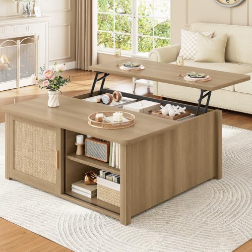 SEDETA 31.5" Lift Top Coffee Table with Storage, Square Coffee Tables for Living Room, Farmhouse Coffee Table with Large Hidden Storage Compartment and Adjustable Shelves, Rattan Oak by SEDETA