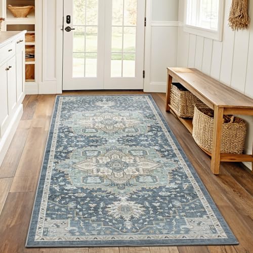 Amada 2x5 Washable Runner Rug for Kitchen, Blue/Yellow, Vintage Pattern by AMADAHOMEFURNISHING