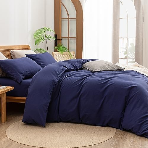 BESTOUCH Cotton Solid Duvet Cover Set Linen Feel Navy Blue Full - Image 3
