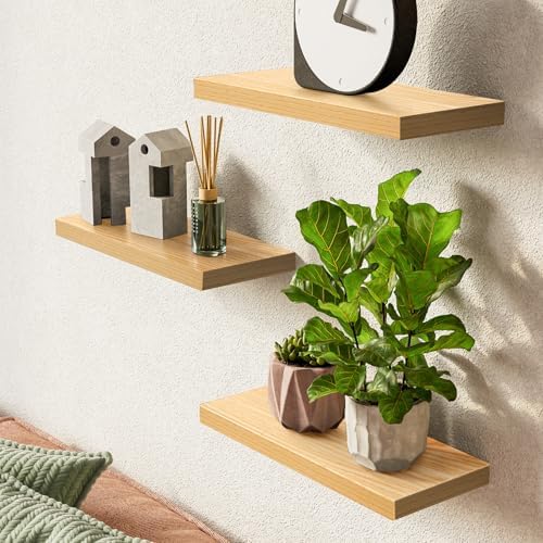 BAYKA Floating Shelves for Wall, Wall Mounted Rustic Wood Shelves for Bathroom, Bedroom, Living Room, Kitchen,Small Hanging Shelf for Books/Storage/Room Decor (Oak-Toned, Set of 3, 15.7in) - Image 2