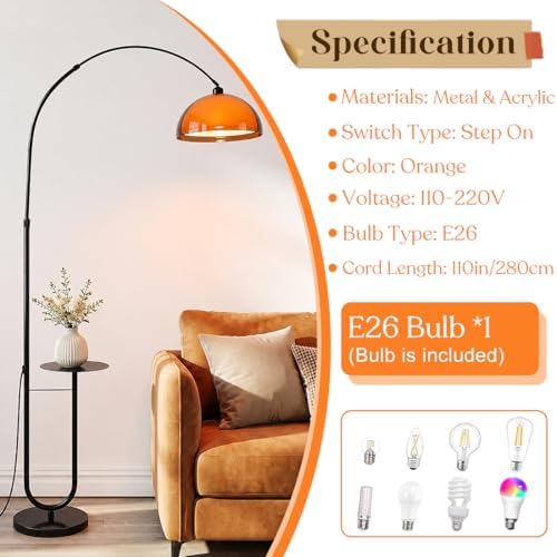 Floor Lamp with Table,Mushroom Arch Floor Lamp with Table Attached 70" Arched Floor Lamp for Living Room Modern Orange Standing Light for Living Rooms, Offices, Dining Rooms, Bedrooms - Image 4