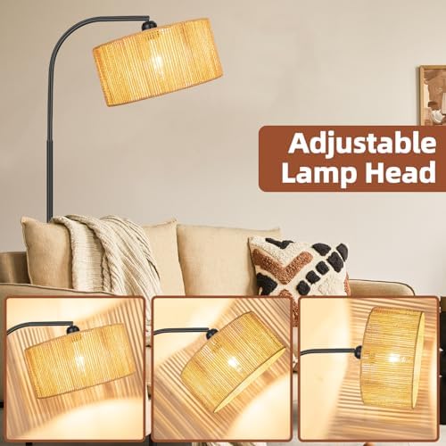 Boho Standing Lamp with Dimmable Bulb Nartual Rattan Adjustable Lampshade - Image 3