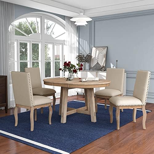 Harper & Bright Designs Round Kitchen Dining Table Set for 4, 5 Piece Farmhouse Wood Round Extendable Dining Table and 4 Upholstered Dining Chairs, Natural Wood Wash by HarperBrightDesigns