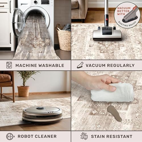 Hazo Haus Boho Bathroom Rug 2x5 Runner, Neutral Farmhouse Kitchen Rugs, Small Throw Runners for Laundry Room Bedroom, Vintage Floral Décor, Non-Slip Low-Pile Washable Stain Resistant Beige Latte - Image 4