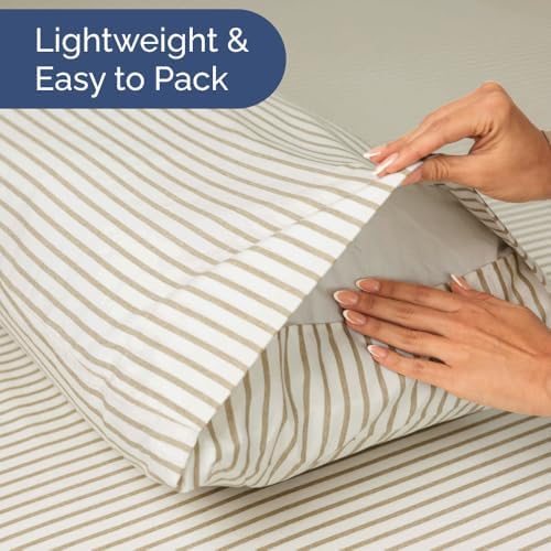 Short Queen Size 4 Piece Bed Sheet Set - RV Short Queen - Beige Stripes - Image 5