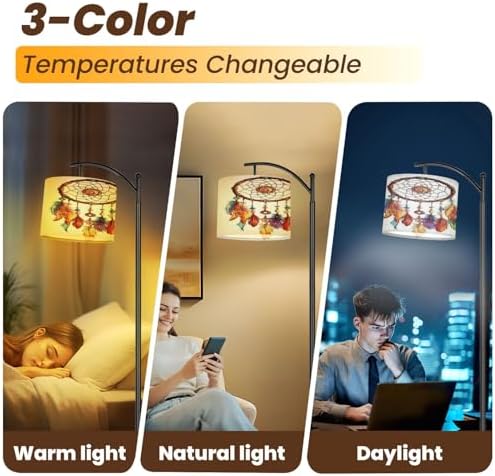 Modern Arc Floor Lamp, Native american indian traditional symbol Bright colored feathers Standing Lamp with Hanging Linen Shade Adjustable Foot Switch for Living Room Bedroom Study Room Office - Image 7