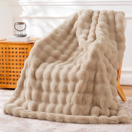 BENVWE Faux Fur Throw Blanket for Couch - Cozy Fuzzy Soft Plush Fluffy Thick Luxury Minky Bubble Blanket for Living Room Home Decor- Mothers Day Birthday Gifts for Women, Beige, 51" x 63" by BENVWE