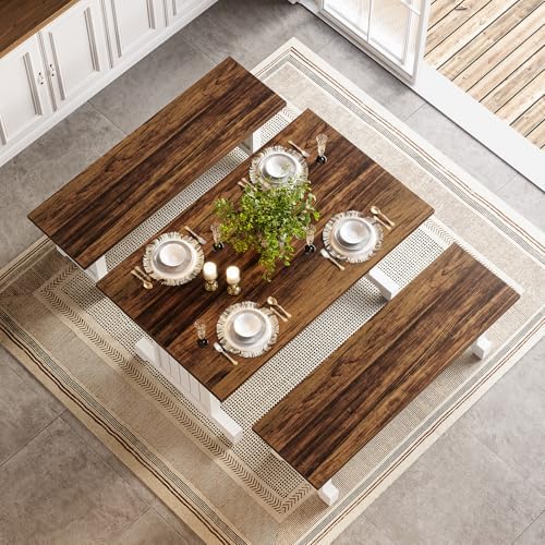 LITTLE TREE Dining Table Set for 4 with 2 Benches, Modern Kitchen Table with MDF Board, Space-Saving Dinette for Kitchen, Dining Room, Brown and White - Image 3