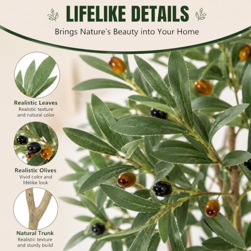 6FT Olive Trees Artificial, Large Faux Olive Tree with White Tall Planter, Faux Tree Indoor with Lush Lifelike Fruits for Living Room Bedroom Balcony Corner Office Home Decor - Image 4