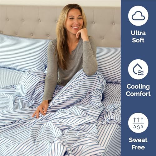 Split King Size 5 Piece Sheet Set - Breathable & Cooling - Blue Stripes - Image 4