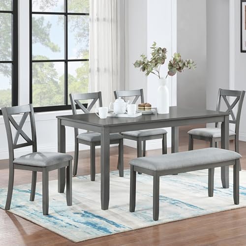 Merax 6-Piece Solid Wood Dining Table Set, Wooden Legs, Gray by Merax