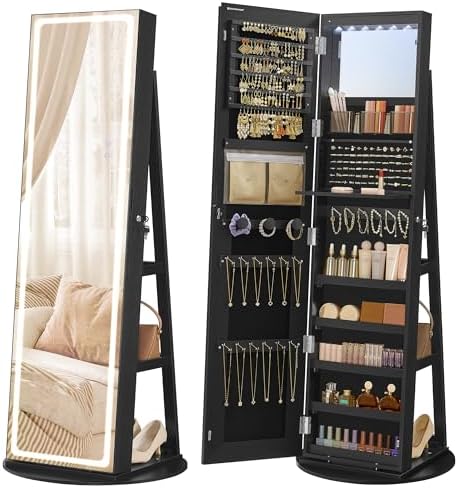 SONGMICS LED Mirror Jewelry Cabinet Standing, Adjustable Lights, Lockable by SONGMICSbySONGMICSHOME