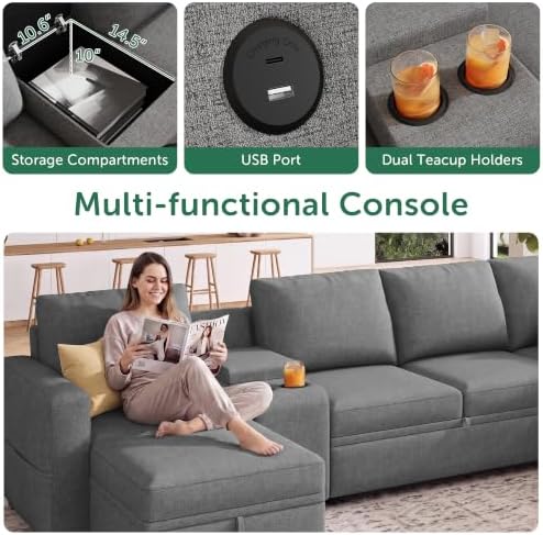 HONBAY Modular Sleeper Sofa with Pull Out Bed, Central Console, Grey - Image 4