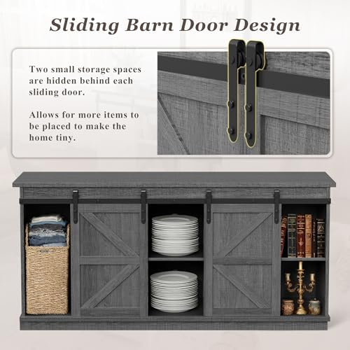 YESHOMY 58" Farmhouse TV Stand for TVs up to 65", Sliding Barn Doors, Gray - Image 5
