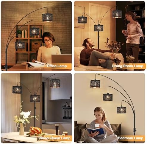 Dimmable Floor Lamp-3 Lights Arc Floor Lamps for Living Room,Modern Tall Standing Lamp With Black Drum Hollow-carved Design Shades,Gothic Mid Century Tree Floor Lamp for Bedroom Corner,Bulbs Included - Image 6