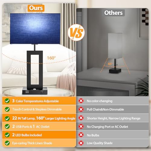 3 Color Temperatures Table Lamps for Bedrooms Set of 2, 22’’ Touch Control Bedside Nightstand Lamps with 2 USB Ports & AC Outlet, Stepless Dimmable Lamps with Blue Shade, Modern Decor for Living Room - Image 4
