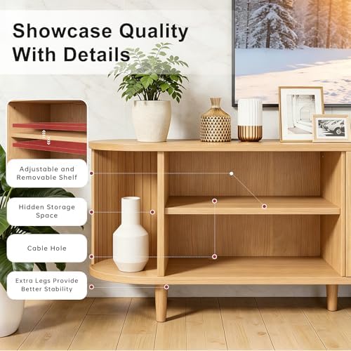 70" Mid Century Modern TV Stand, Wood TV Consoles with Sliding Doors and Power Outlet, Entertainment Center with Adjustable Shelves, Fluted TV Stands for Living Room, Oak - Image 6