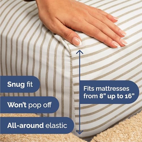 Queen Size 4 Piece Sheet Set - Breathable & Cooling Sheets - Beige Stripes - Image 3