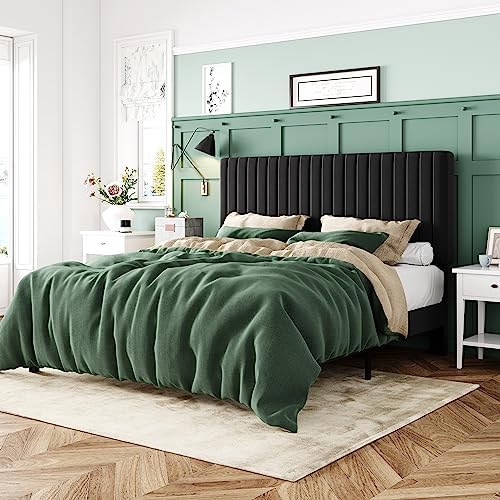 Allewie Queen Bed Frame, Velvet Upholstered Platform Bed with Vertical Channel Tufted Headboard, Mattress Foundation with Strong Wooden Slats, Box Spring Optional, Easy Assembly, Black by Allewie