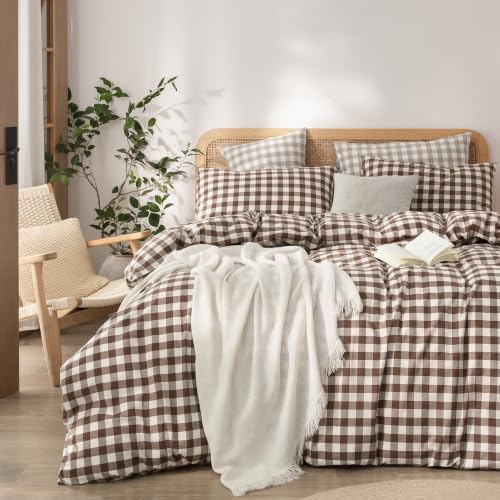 BESTOUCH Gingham Cotton Duvet Cover Set Cocoa Brown Full by BESTOUCH
