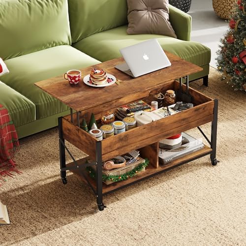 WLIVE Coffee Table Rustic Brown, 41.3" Lift Top Coffee Table with 4 Wheels - Image 2