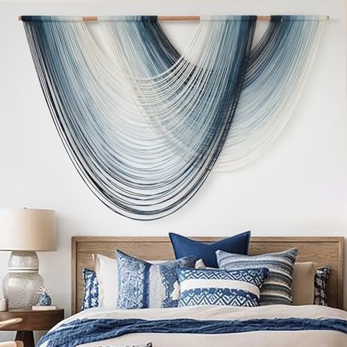 Macrame Wall Hanging Large handmade Navy Blue Ombre Fiber Art 57"W*39"L by FLBER