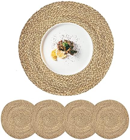Woven Placemats for Dining Table Set of 4, 100% Natural Straw, Rustic Round Placemats Farmhouse Table Mats Rattan Wicker Placemats Hand Braided Place Mats for Indoor Outdoor, 14.17“ by CYSISTERS
