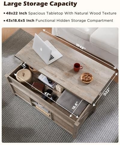OKD 48" Farmhouse Lift Top Coffee Table Sliding Barn Door, Light Rustic Oak - Image 4