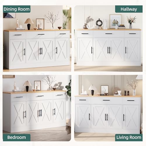 Shintenchi Buffet Cabinet with Storage,53.4" Large Kitchen Storage Cabinet with 3 Drawers and 4 Doors,Wood Farmhouse Buffet Sideboard with Adjustable Shelf for Kitchen Living Room, White - Image 5