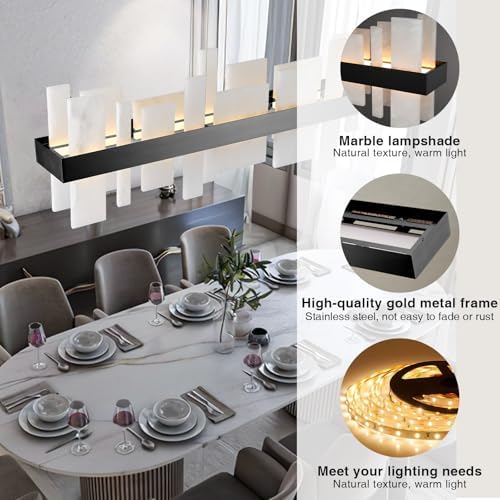 Alabaster Rectangle Chandelier,46.8in Adjustable Hanging Linear Chandelier, Dimmable Warm Glow, Modern Design Spanish Natural Stone Rectangle Ceiling Light for Dining Room, Kitchen Island, Entryway - Image 4