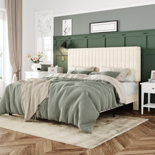 Allewie Full Bed Frame, Upholstered Platform Bed with Adjustable Vertical Channel Tufted Headboard, Mattress Foundation with Strong Wooden Slats, Box Spring Optional, Easy Assembly, Chenille White by Allewie