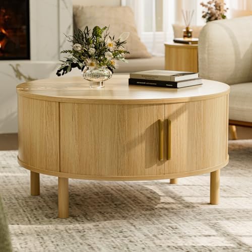 ZttRiee Round Coffee Table with Sliding Doors, Modern, Natural by ZttRiee