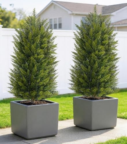 DREAMLOOM 3ft UV-Resistant Artificial Cedar Topiary Tree Faux Cypress Outdoor Fake Pine Plant Shrubs Bushes for Home Garden Porch Entryway, Set of 2 - Image 3