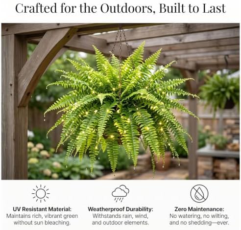 Glowing Boston Ferns with Lights, Oversized Pre-Lit Artificial Boston Ferns - 88 Leaves, No Watering, No Fading, for Porch, Patio, Home and Garden Decor，2 Pcs - Image 4